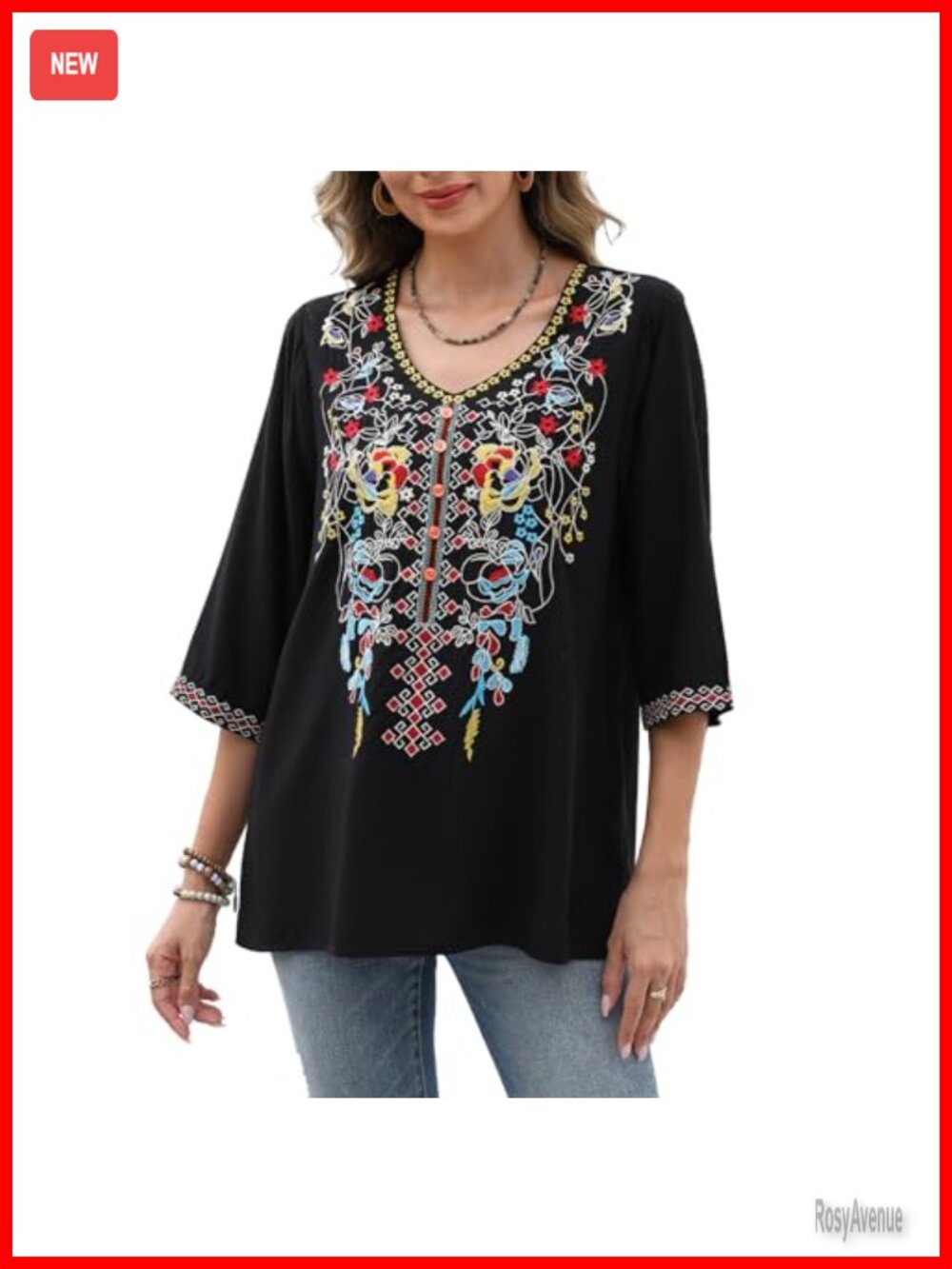 Grosy Womens Floral Embroidered Peasant Blouse 3/4 Sleeve V-Neck Tunic